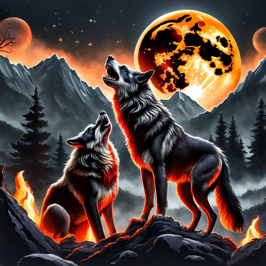 Wolves Under a Blazing Lunar Sky