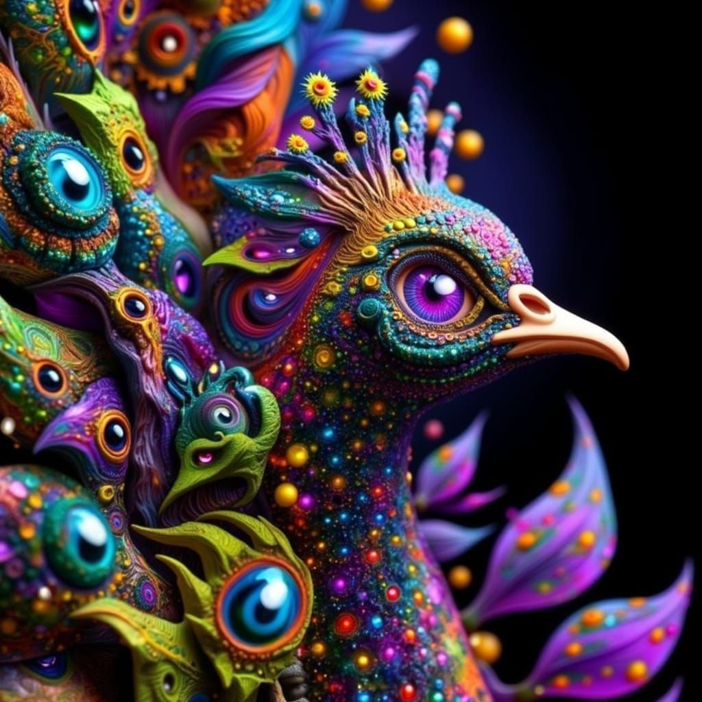 Hyper Realistic Cannabis Peacock in Dreamlike Fractal Landsc...