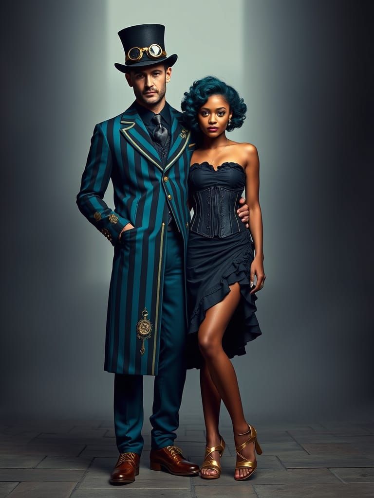 Steampunk Couple Embodying Victorian Elegance and Futuristic...