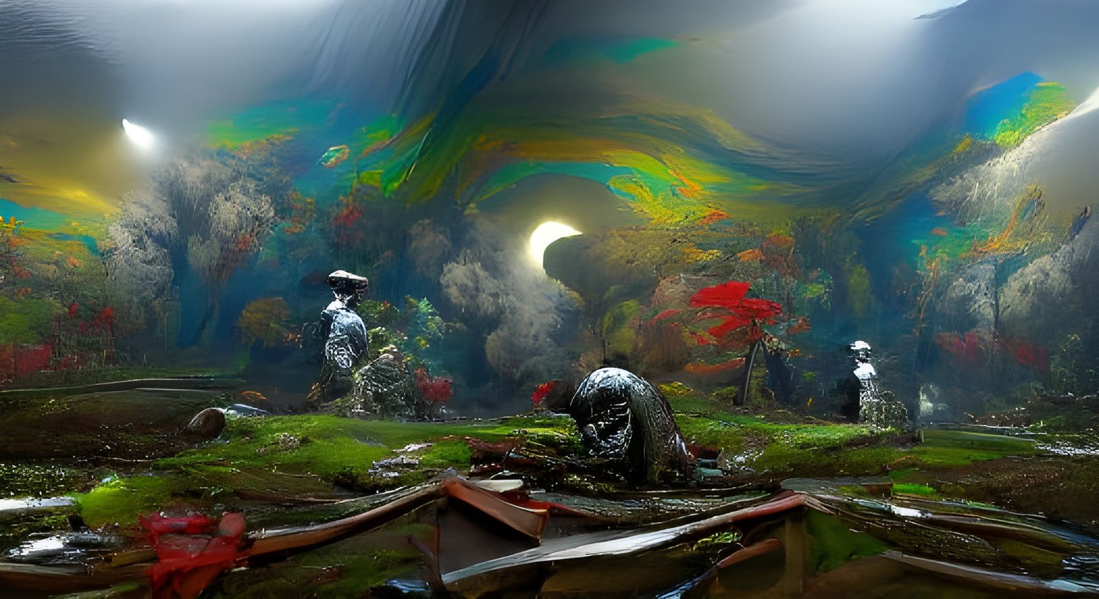 Eerie Solar-Punk Landscape in Ukiyo-e Style