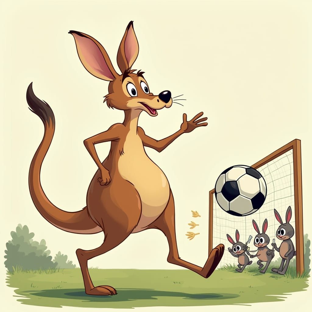 Cartoon Kangaroo Scores Goal in Whimsical Soccer Scene