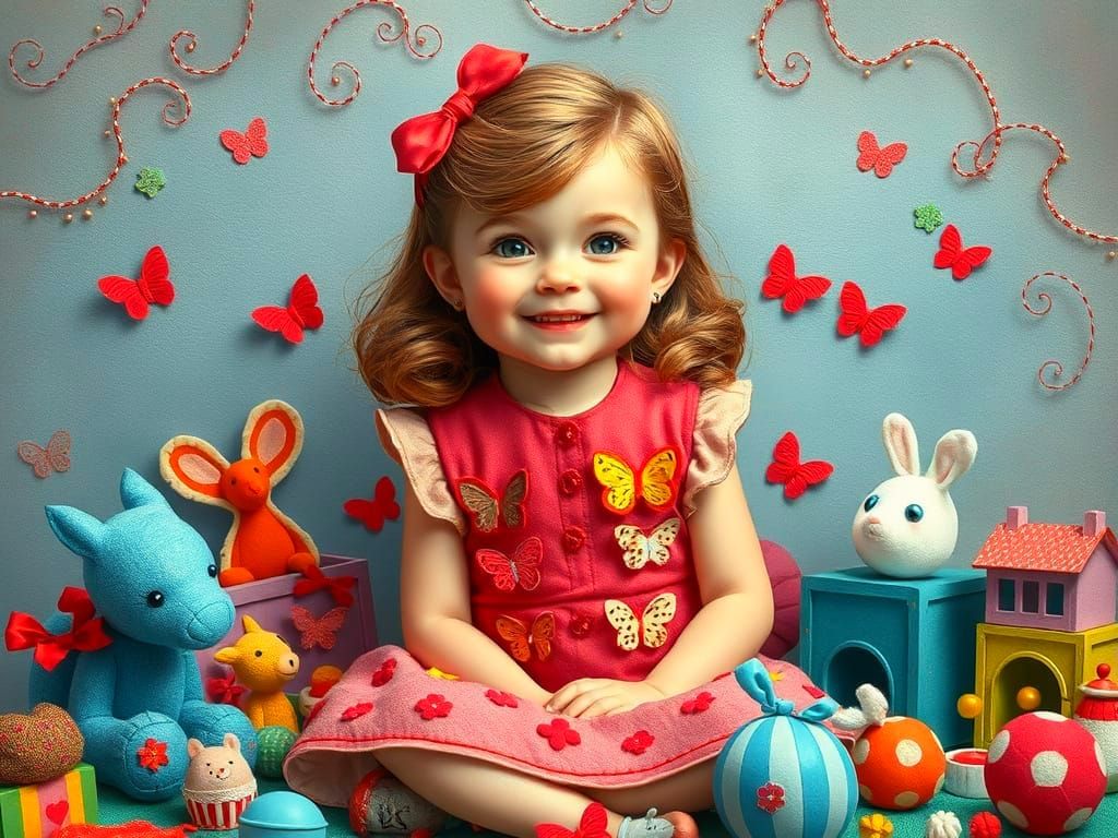 Smiling Girl in Felt Wonderland, Gouache Style