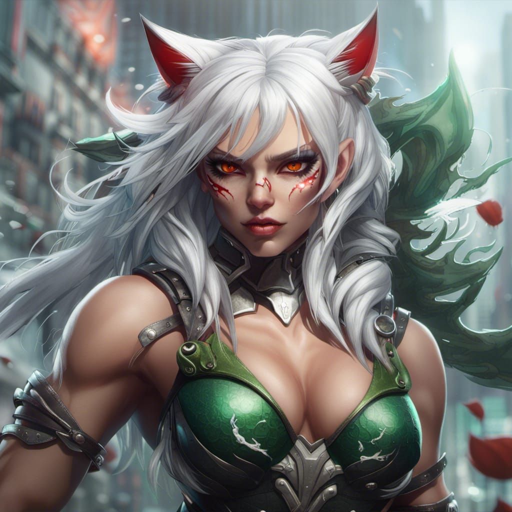 Muscular Cat-Girl with Heterochromia, Detailed Fantasy Art