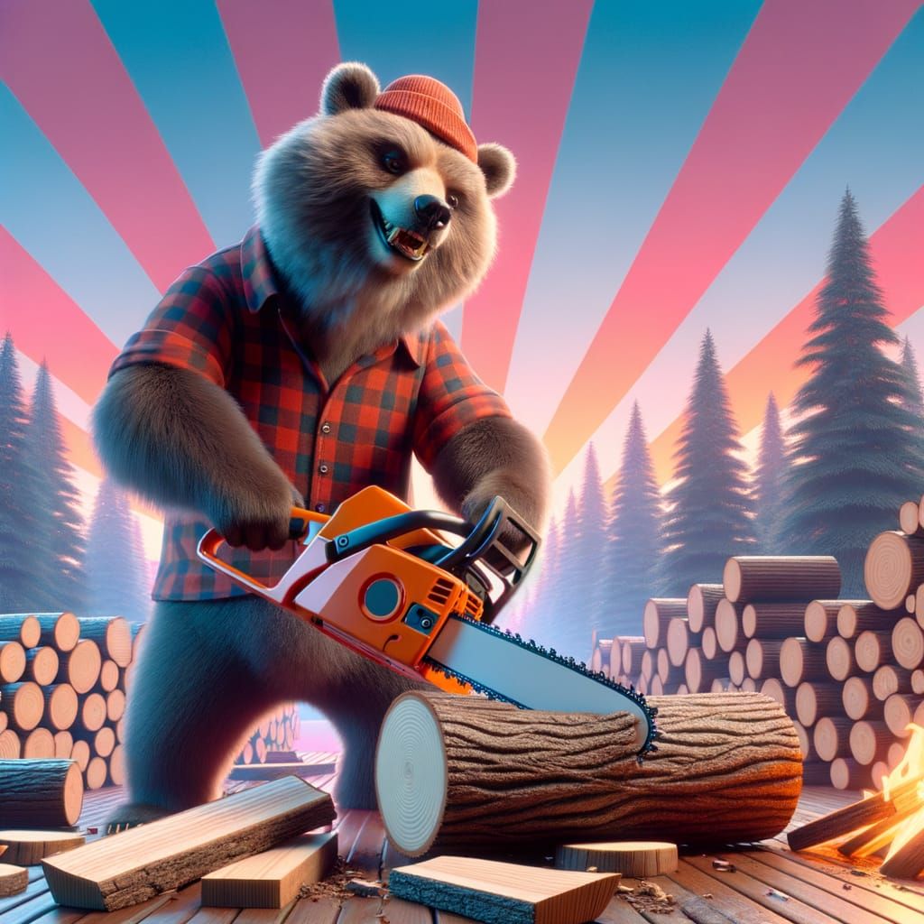 Anthropomorphic Alaskan Bear Cuts Firewood, 3D Rendered