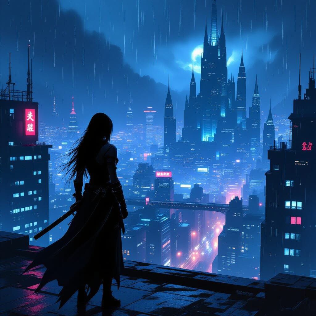 Shadowy Ninja Woman Overlooks Neon Metropolis