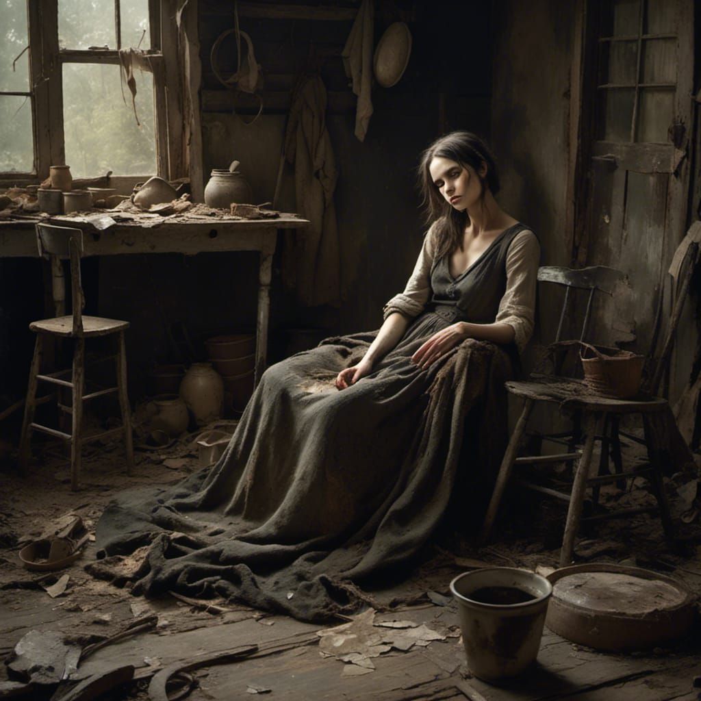 Desolate Girl in Abandoned Cottage: Dark Romanticism