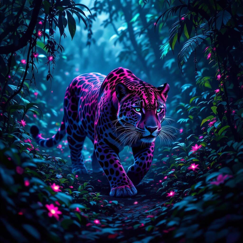 Magenta Jaguar Prowling Mysterious Bioluminescent Jungle