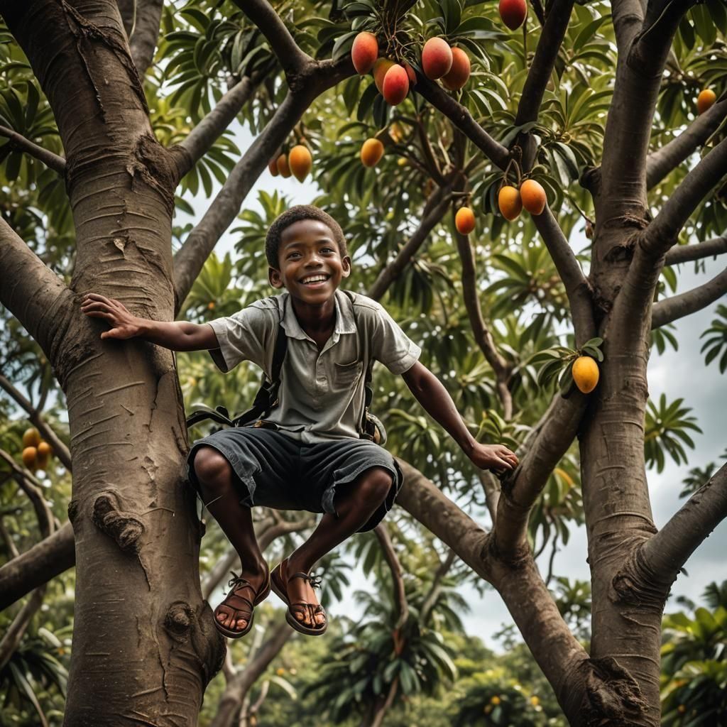 Smiling Boy Climbs Mango Tree in Hyperrealistic Style