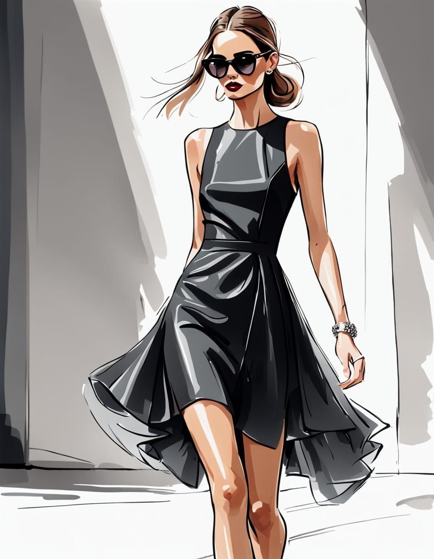 Runway Model Struts in Elegant Black Cocktail Dress with Sha...