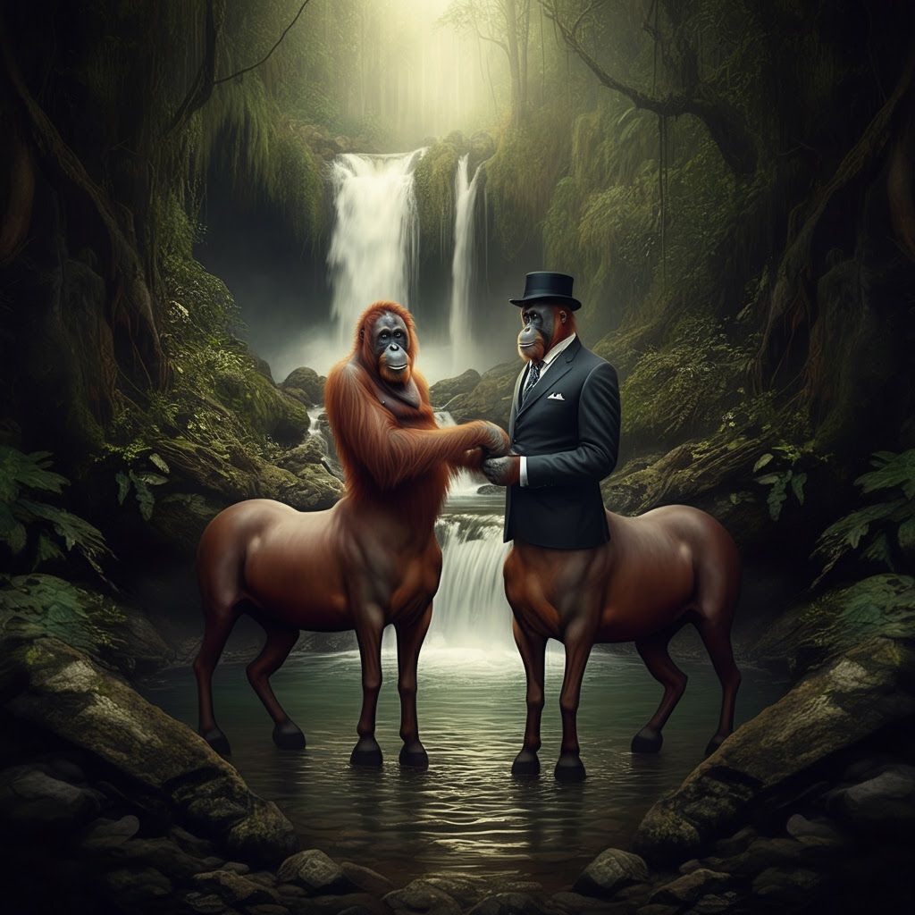 Elegant Orangutan Centaur Couple Amidst Waterfalls