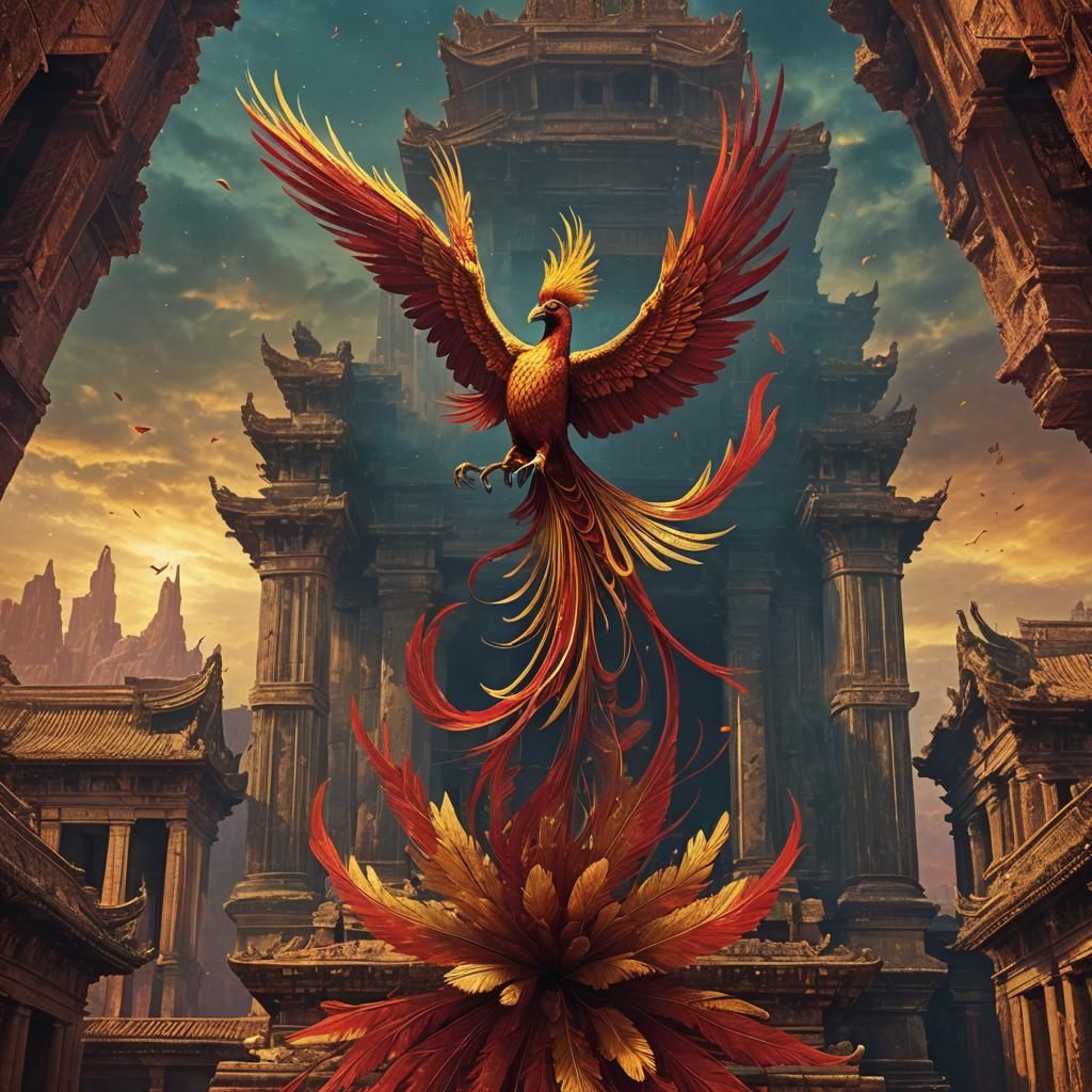 Crimson Phoenix Flight Above Ancient Temple