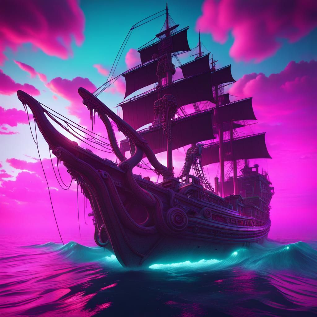 Kraken Attacks Pirate Ship in Synthwave Style