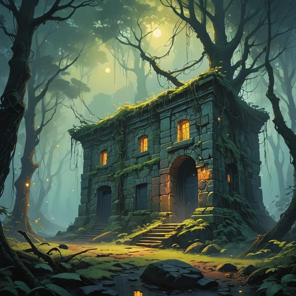 Mystical Stone Ruins in Misty Forest, Oil Painting