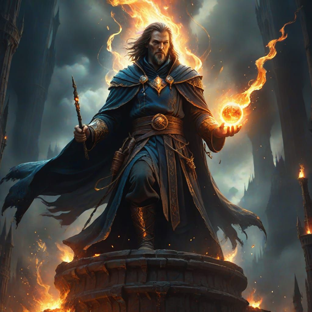 Sorcerer Summons Fireball on High Tower: Fantasy Art