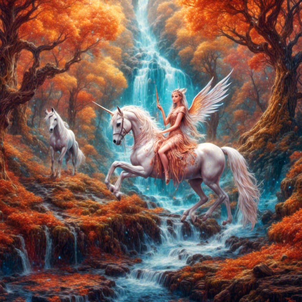 Winged Fairy Princess on Unicorn in Autumn Wood