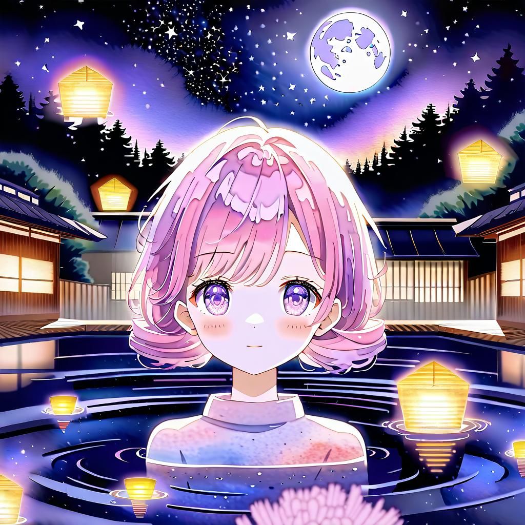 Anime Girl Relaxing in Onsen at Night