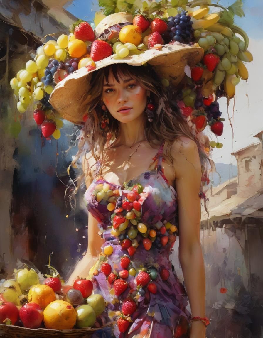 Fruit-Adorned Woman Portrait in Watercolour Style