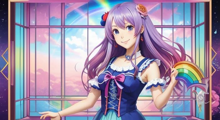 Anime Girl with Rainbow Peonies by Window