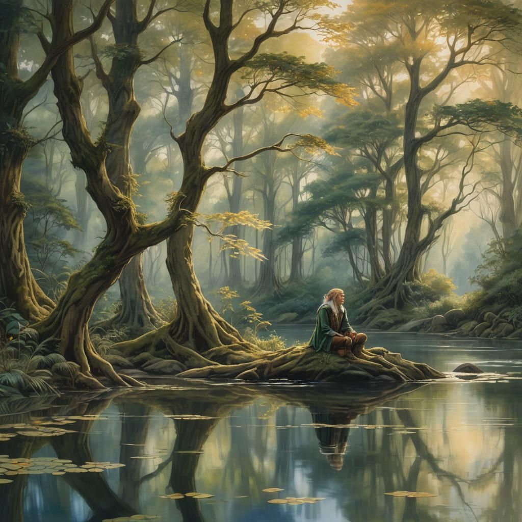 Elf in Forest Landscape Inspired by Pre-Raphaelites
