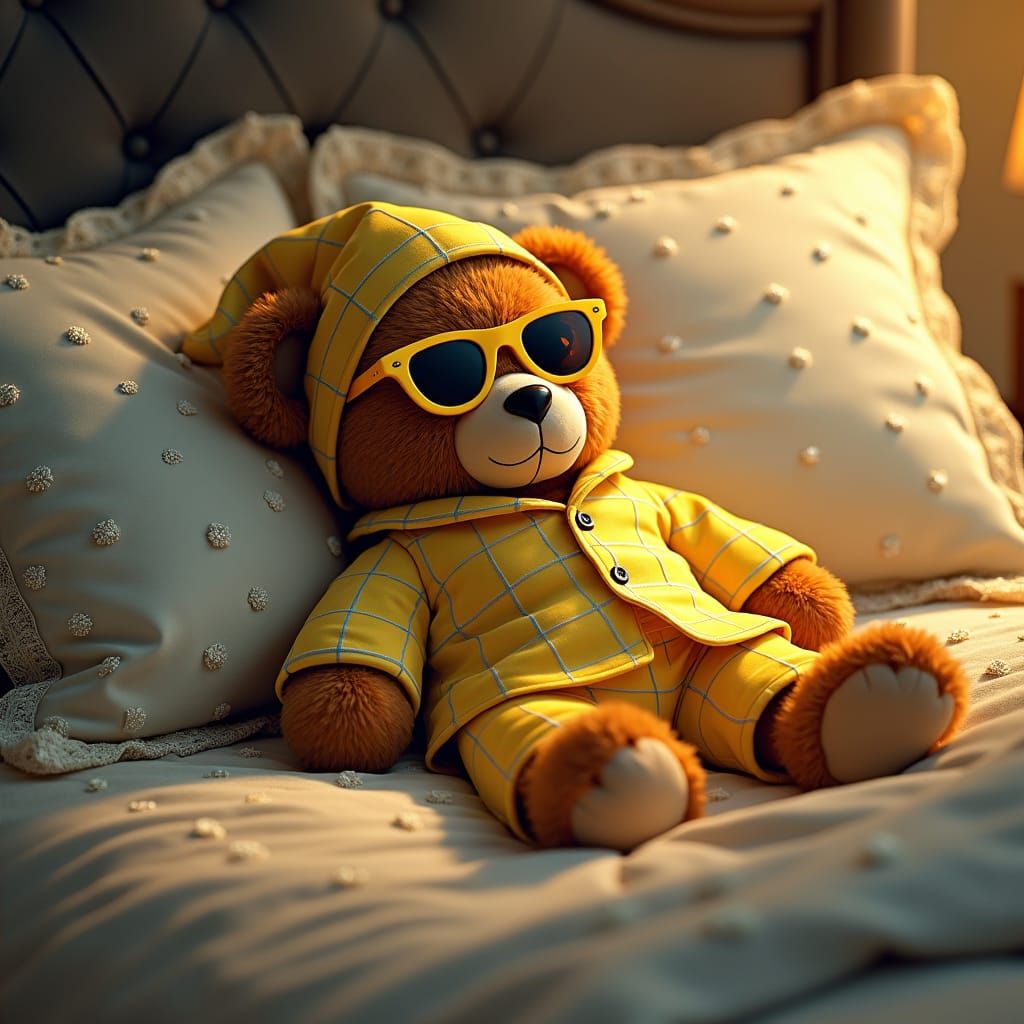 Teddy Bear in Pajamas on Plush Bed