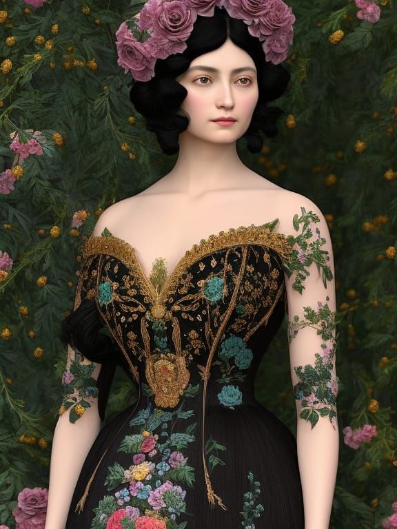 Stunning Woman in Teal Dress with Floral Trellis