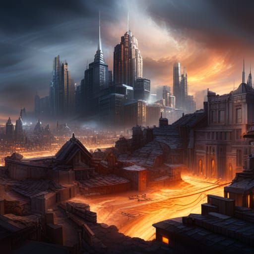 Epic Battlefield Fantasy Concept Art with Burning Buildings