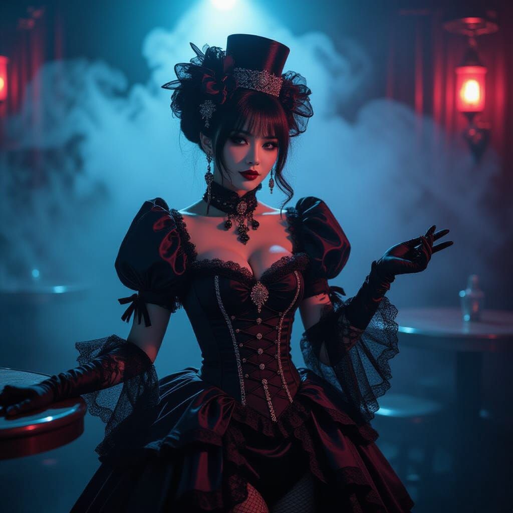 Gothic Showgirl in Neon Cabaret, Inspired by Ash Thorp