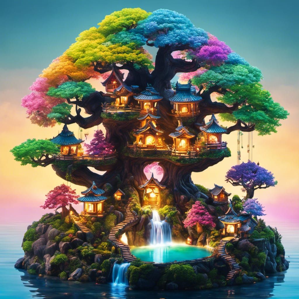 Colorful Bonsai Tree Fairy Village by Lake