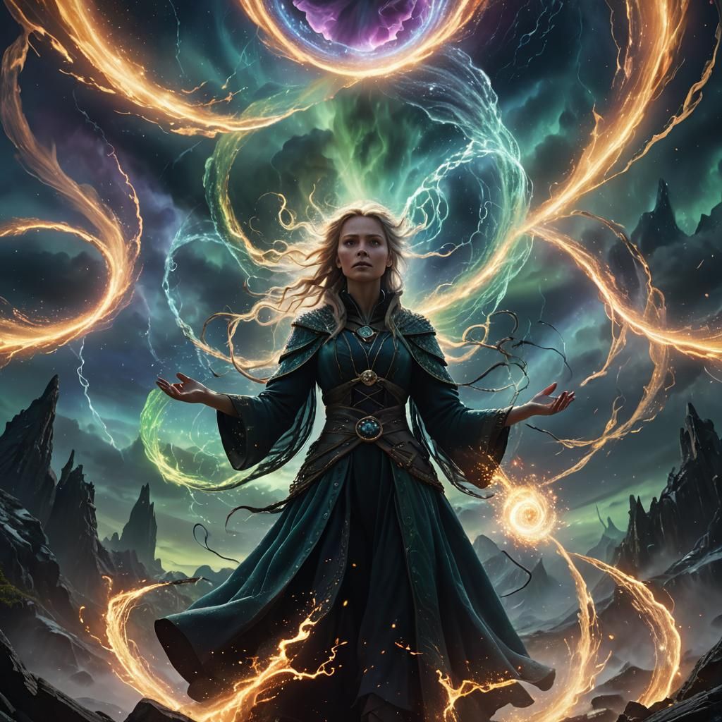 Elemental Witch Summons Storm in Maximalist Style