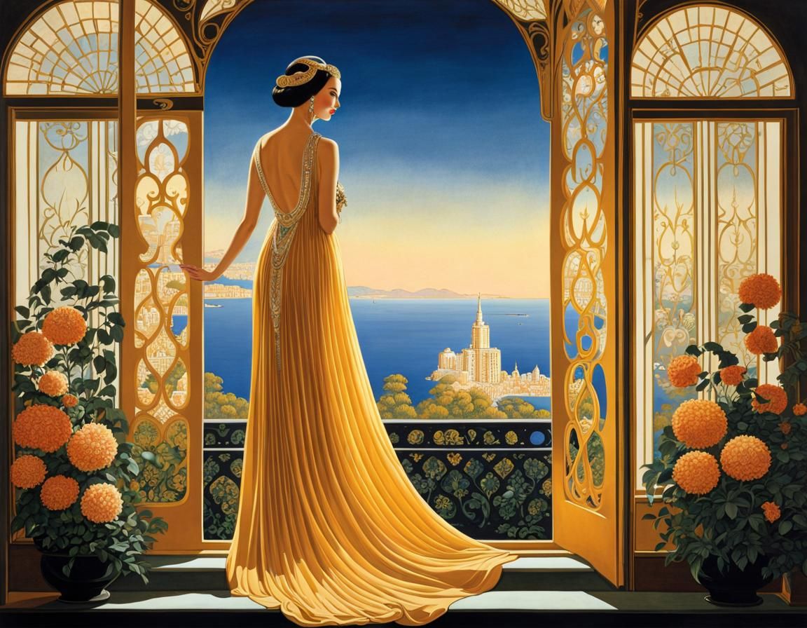 Lady in the backless dress, style of Erte and Bakst