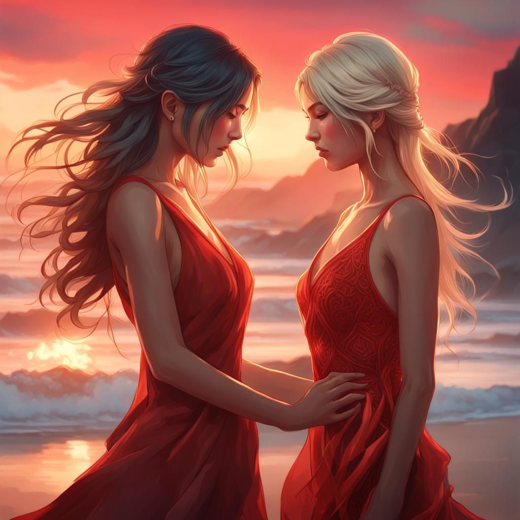 Asian Girl Dancing with Blond Girlfriend, Hyperdetailed Port...