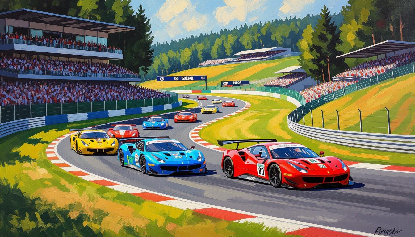 GT3 Cars Race at Spa in Neo-Impressionism Style
