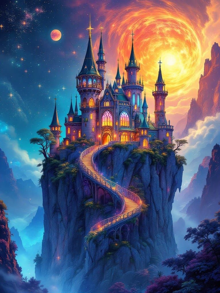 Stained Glass Celestial Castle in Vibrant Cosmic Colors