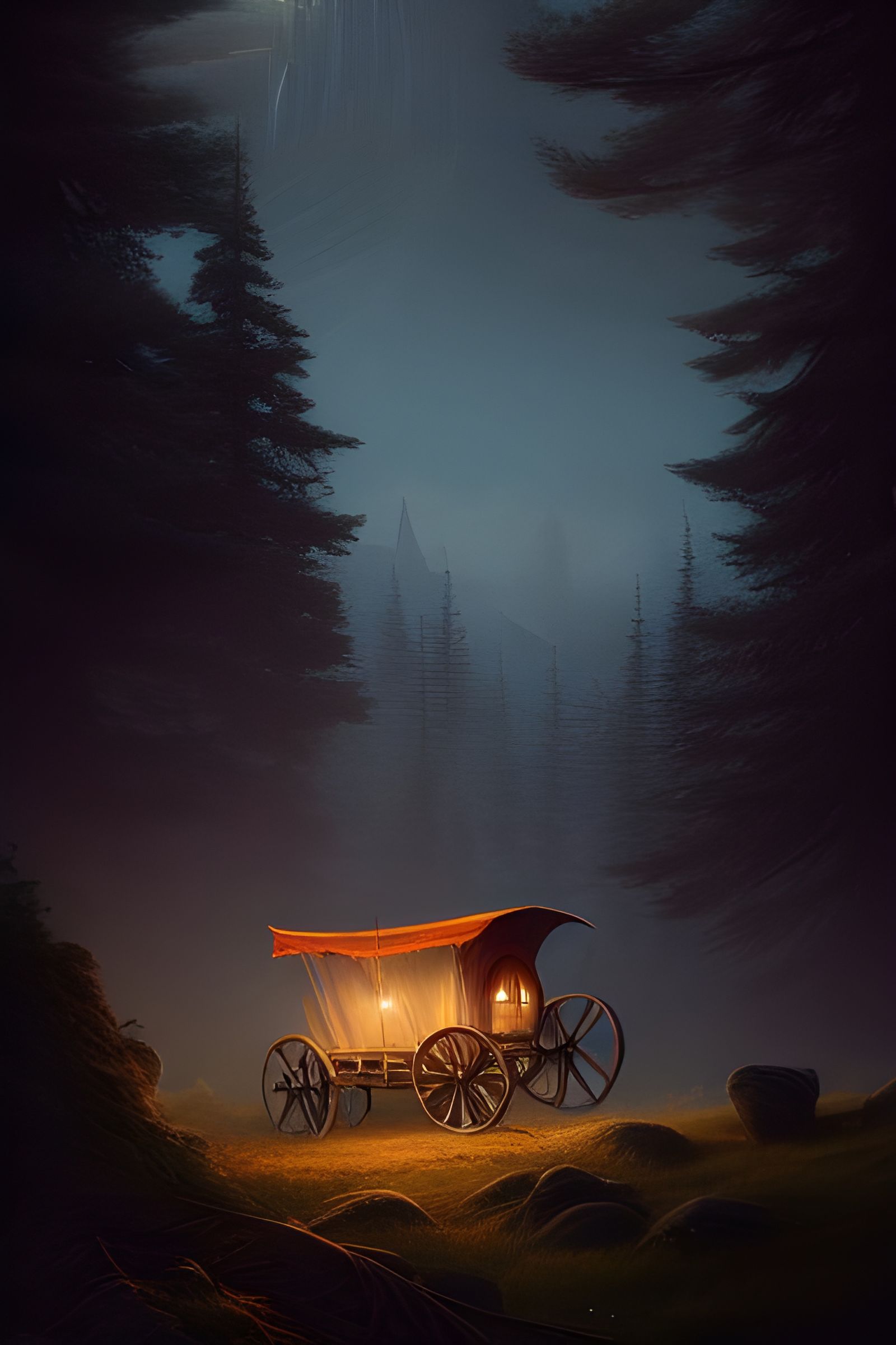 Pioneer Wagon in Valley, Digital Illustration