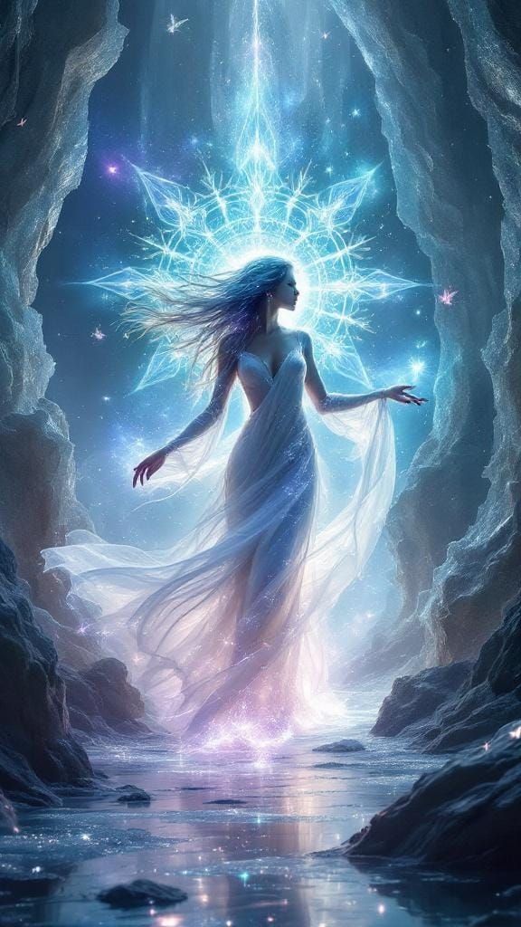 Goddess Dancing in Ice Cathedral, Dreamlike Photorealism