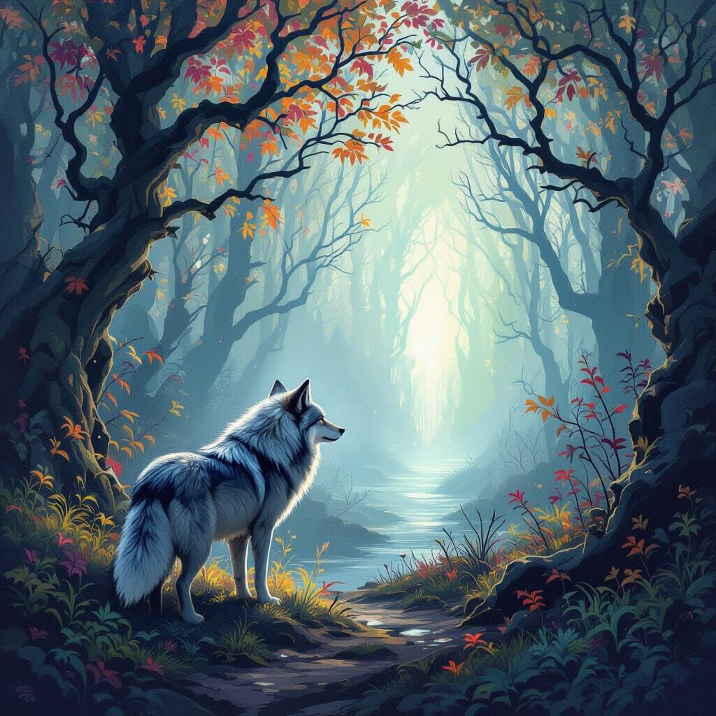 Bioluminescent Wolf Gazing at Portal in Impressionist Forest