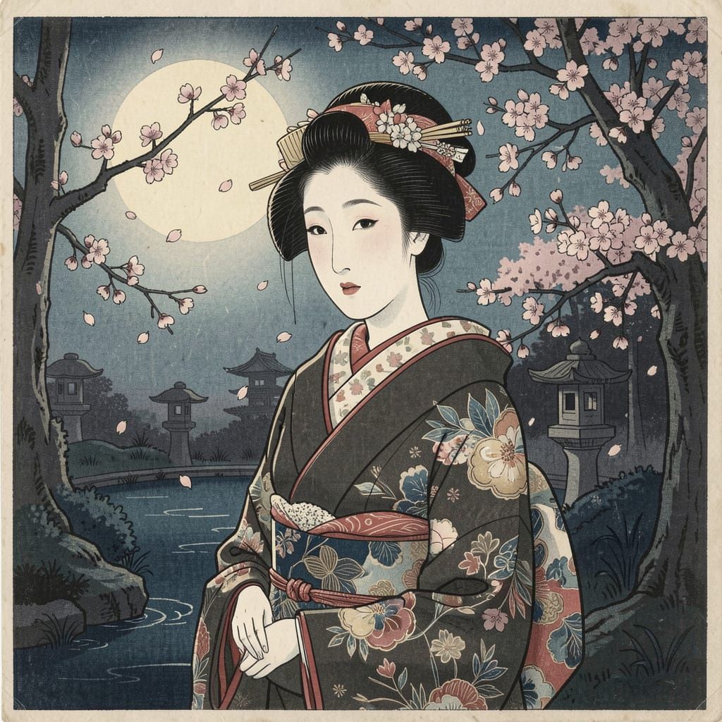 Geisha in Moonlit Garden, Ukiyo-e Style