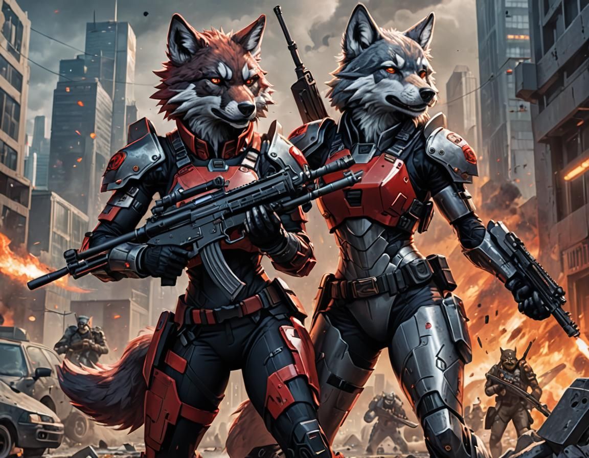 Armored Anthropomorphic Wolves in Battlefield Anime Style