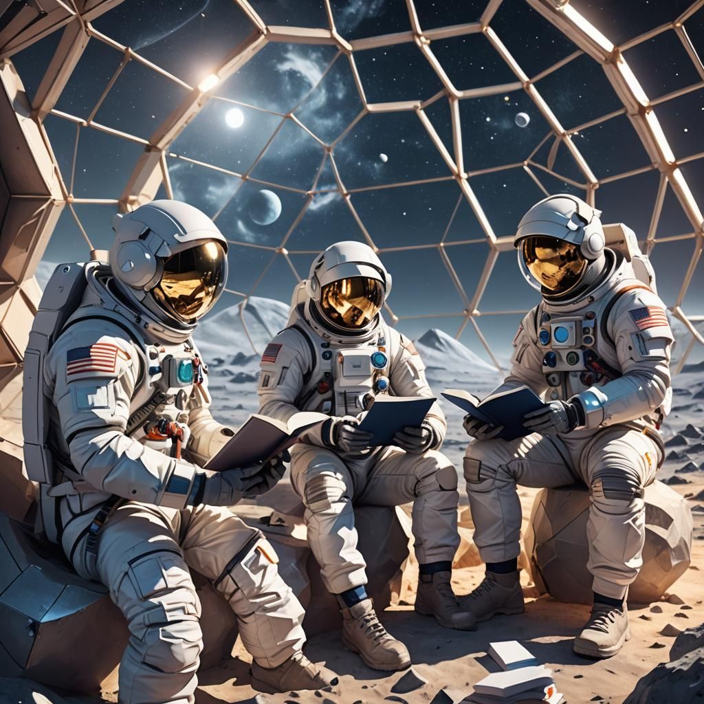 Astronauts Reading on the Moon in Anime Style