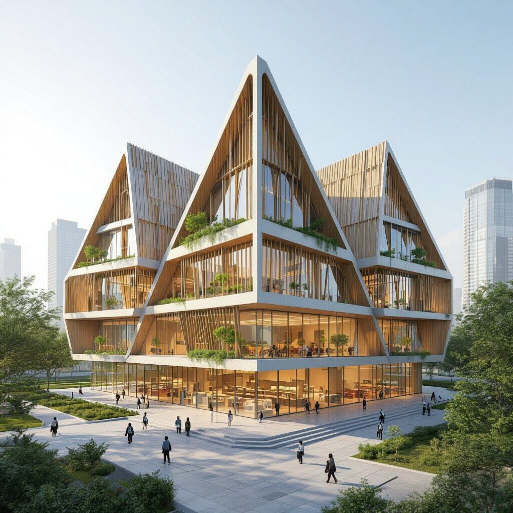 Futuristic Timber Pyramid Primary School on Sunny Day