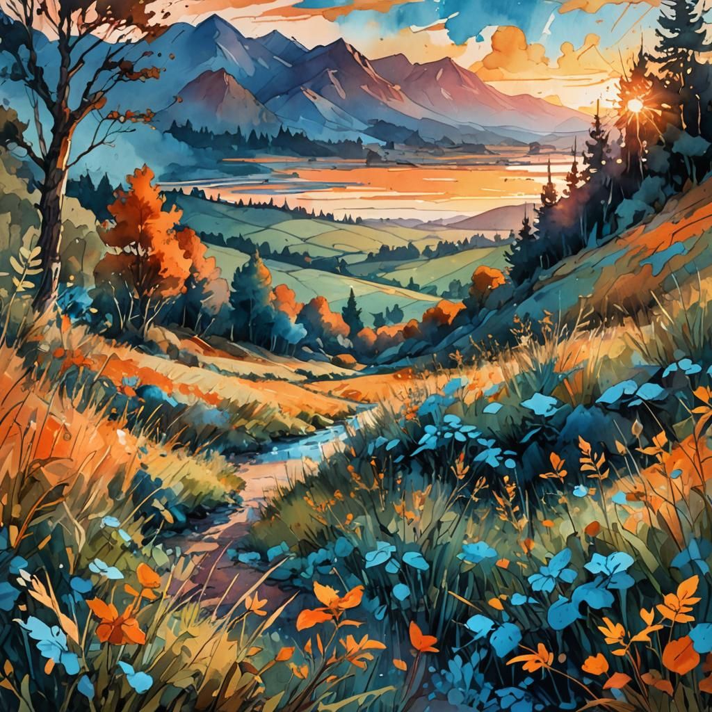 Vibrant Summerscape Sunset in Digital Watercolor Style
