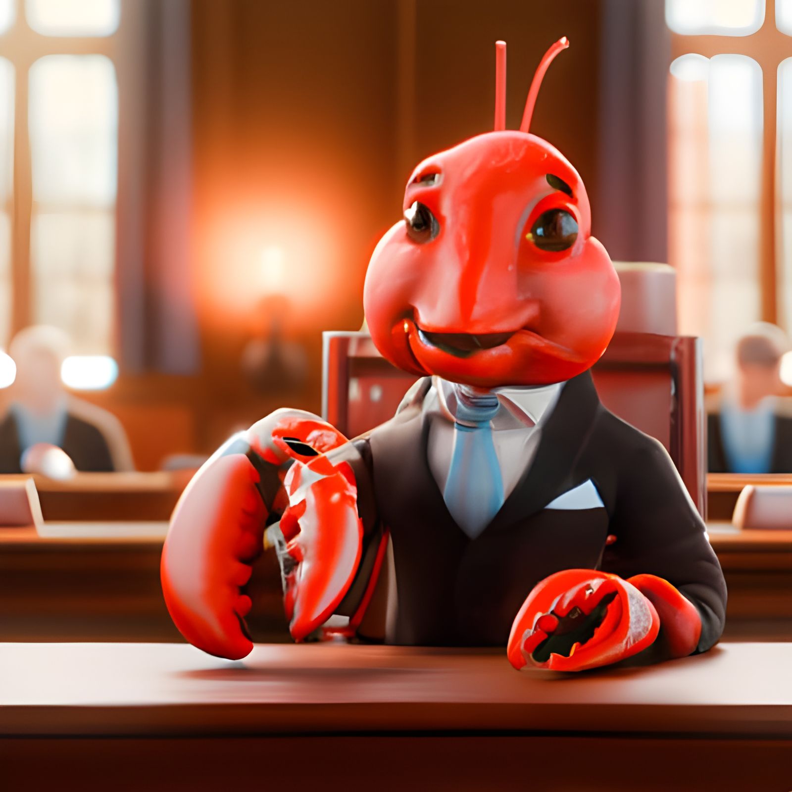 Adorable Lobster Lawyer in Courtroom, 3D Render