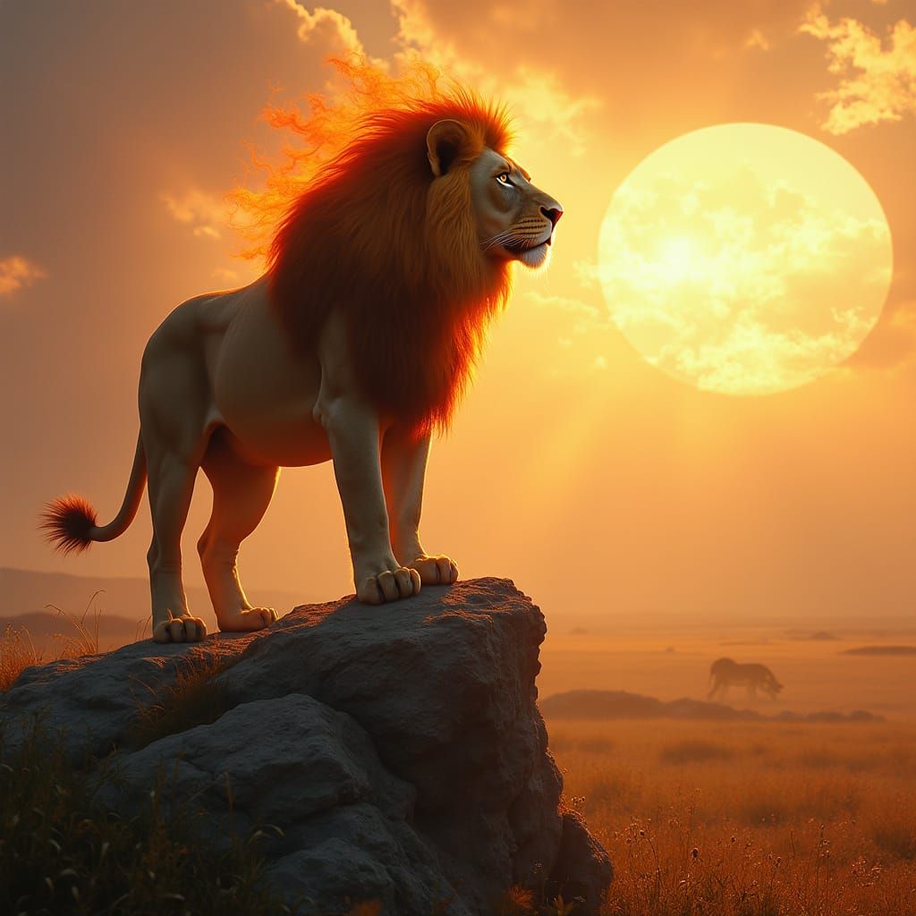 Majestic Lion Standing on Rocky Outcrop in Hyperrealistic St...