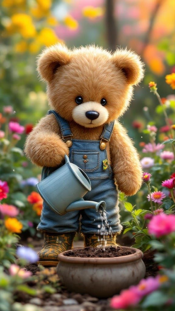 Cute Teddy Tending Garden in Colorful Splash Art