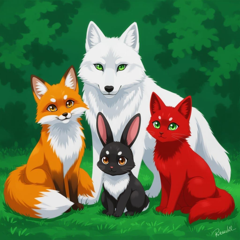 Anime Friends: Fox, Rabbit, Wolf, and Cat