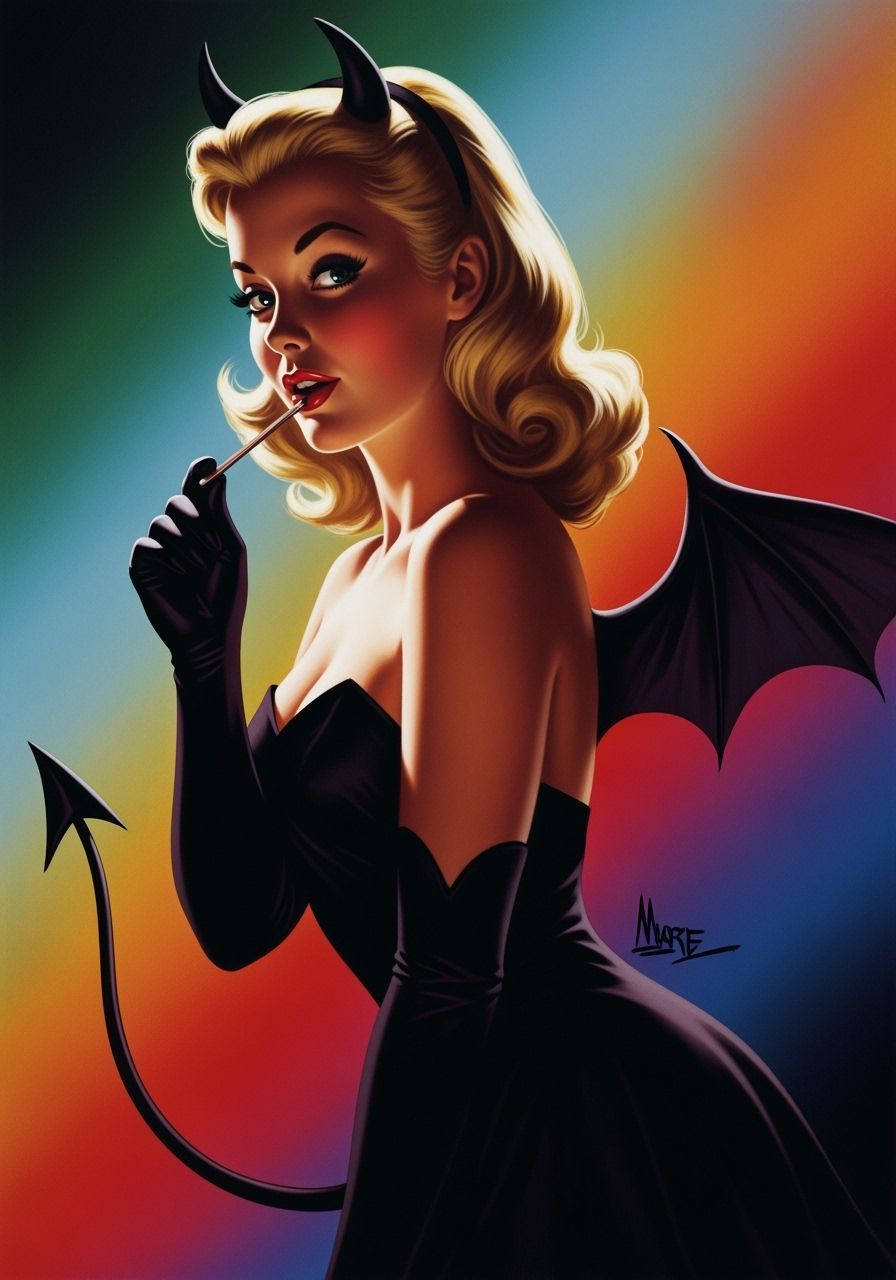 Vintage Airbrush Pin-Up: Devilishly Cute Blonde