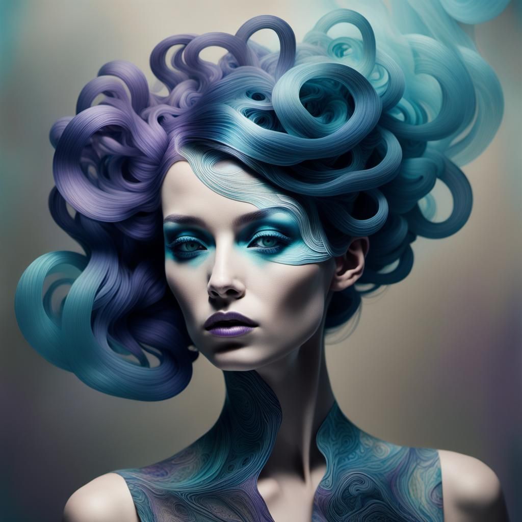 Futuristic Woman's Head in Double Exposure Mixed Media