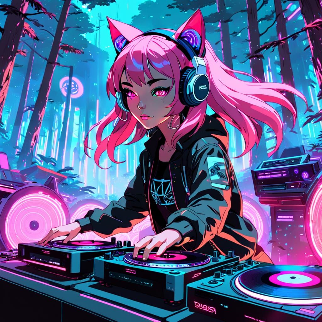 Catgirl DJ at Forest Rave in Cyberpunk Anime Style