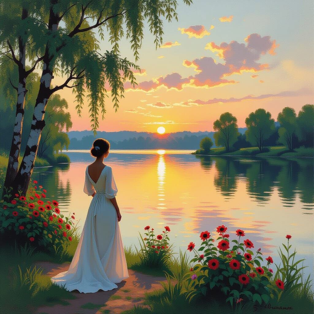 Serene Lakeside Scene in Impressionistic Style