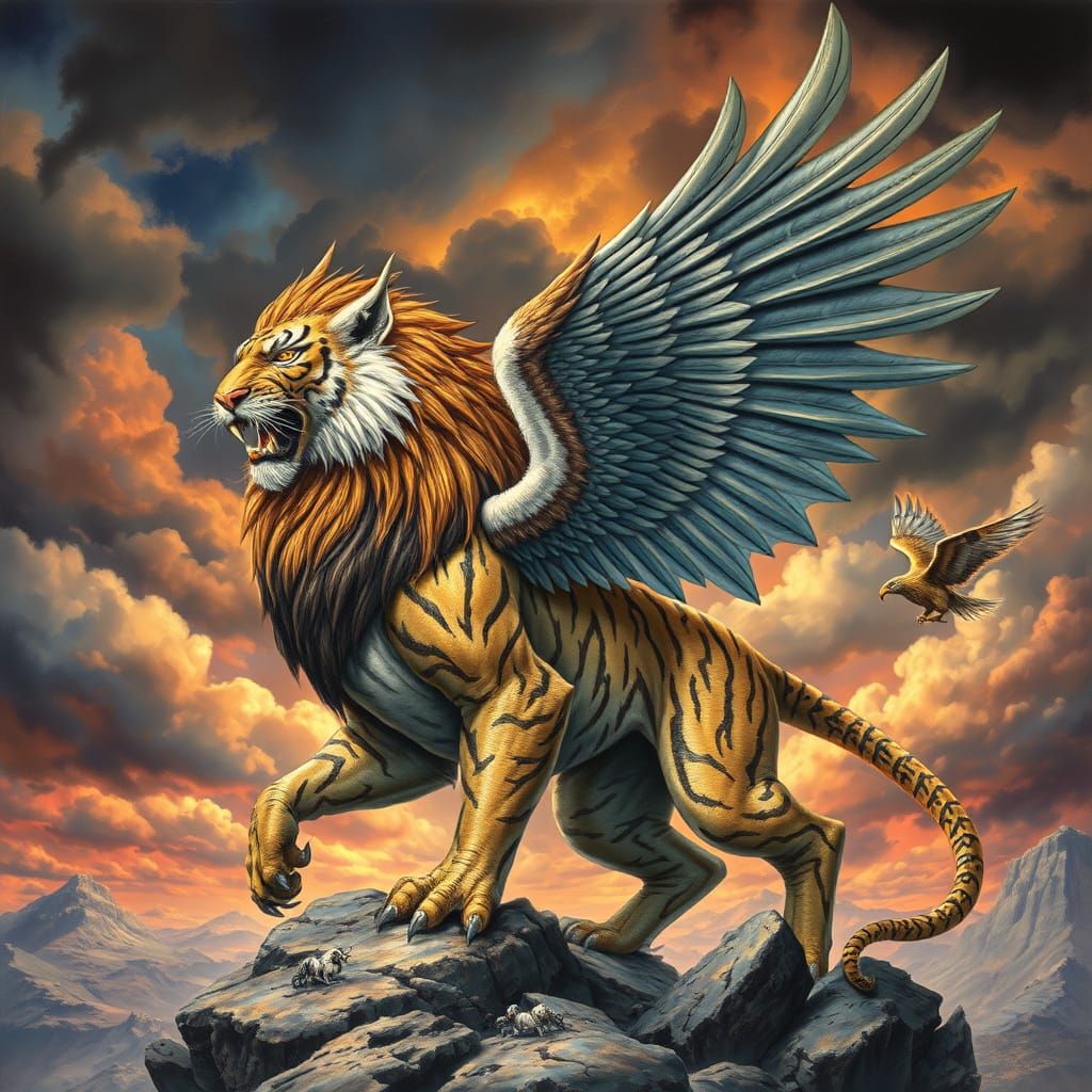 Mythical Lion-Tiger-Serpent-Eagle Creature Soars in Stormy S...
